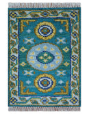 Quick Ship Khotan Design 2x3 Teal And Mustard Hand Knotted Wool Rug by The Rug Decor