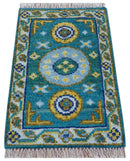 Quick Ship Khotan Design 2x3 Teal And Mustard Hand Knotted Wool Rug by The Rug Decor
