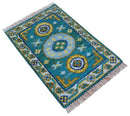 Quick Ship Khotan Design 2x3 Teal And Mustard Hand Knotted Wool Rug by The Rug Decor