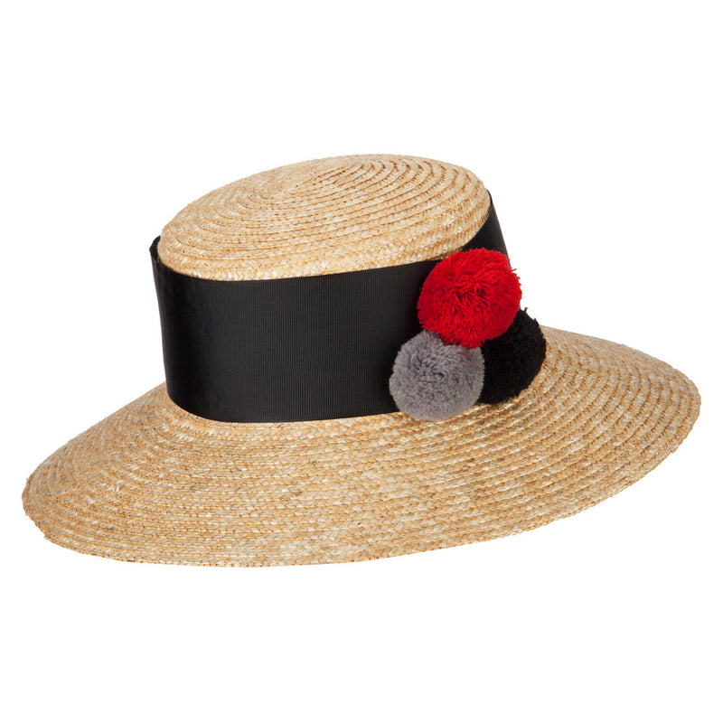 Women's Straw Wide Band with Pom Pom Accented Boater Hat