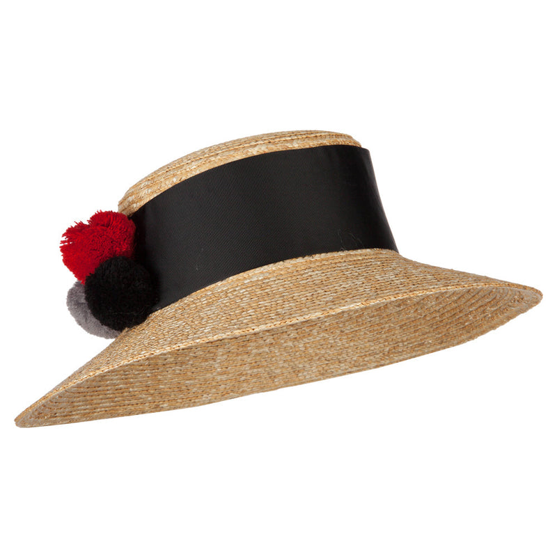 Women's Straw Wide Band with Pom Pom Accented Boater Hat