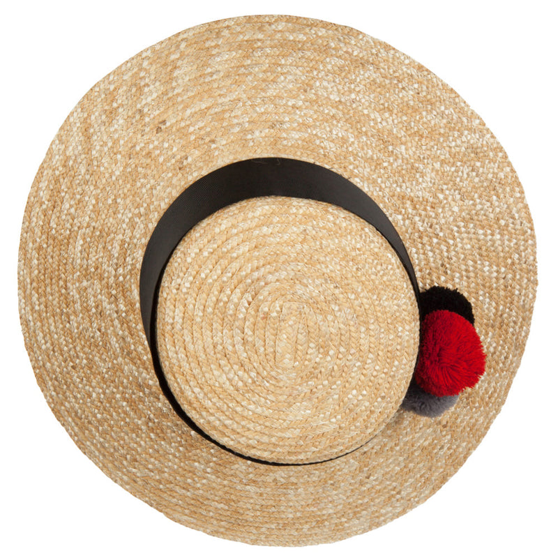 Women's Straw Wide Band with Pom Pom Accented Boater Hat