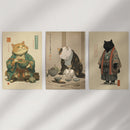 Japanese Ukiyo-e Style Cat Wall Art Set of 3. Tea Ceremony by Wall Art Set