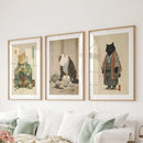 Japanese Ukiyo-e Style Cat Wall Art Set of 3. Tea Ceremony by Wall Art Set