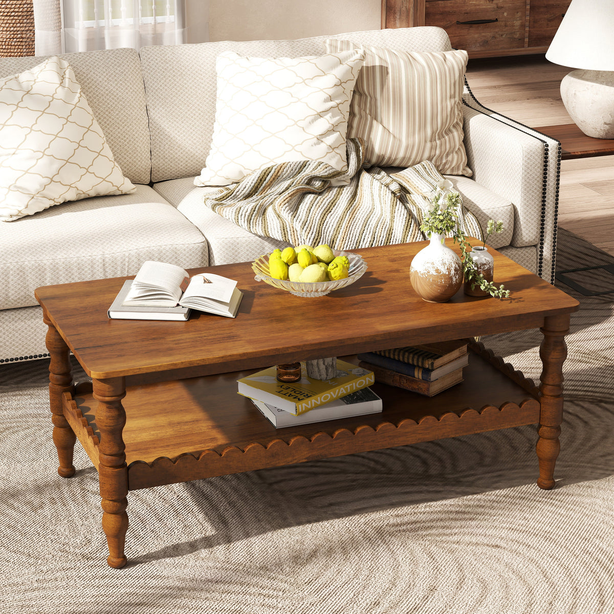 Rectangle Solid Wood Coffee Table with Storage Shelf - Natural Finish, photo 4 of 10