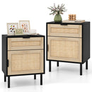 Rattan Nightstand Set of 2 with Drawer and Cabinet-Natural by DirectDeals