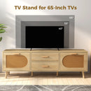Rattan TV Stand for 65-Inch TV with Drawers and Solid Wood Legs-Natural