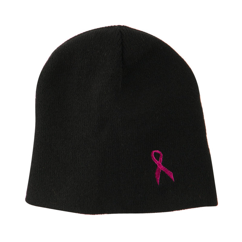 Breast Cancer Ribbon Embroidered Short Beanie