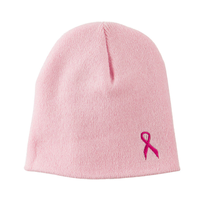Breast Cancer Ribbon Embroidered Short Beanie