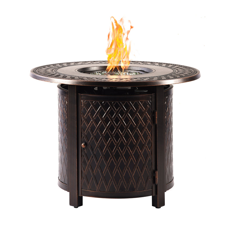 Aluminum 34-in Round Patio Fire Table Set with Swivel Rocking Chairs
