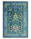 Ready to Ship 4x6 Hand Knotted Green and Blue Turkish Design Wool Rug by The Rug Decor