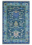 Ready to Ship 5x8 Hand Knotted Green and Blue Turkish Design Wool Rug by The Rug Decor