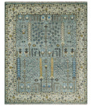 Ready to Ship 8x10, 9x12 Aqua and Ivory Tree Design Hand Knotted Wool Area Rug