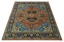 Ready to Ship 8x10 Rust and Blue Traditional Hand Knotted Wool Area Rug by The Rug Decor