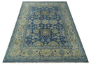Ready to Ship 9x12 Hand Knotted Blue and Beige Traditional Oushak Wool Rug by The Rug Decor