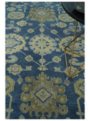 Ready to Ship 9x12 Hand Knotted Blue and Beige Traditional Oushak Wool Rug by The Rug Decor