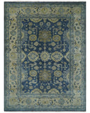 Ready to Ship 9x12 Hand Knotted Blue and Beige Traditional Oushak Wool Rug by The Rug Decor