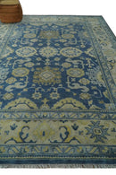 Ready to Ship 9x12 Hand Knotted Blue and Beige Traditional Oushak Wool Rug by The Rug Decor