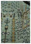 Moss Green Ivory Wool Area Rug - Hand Knotted Turkish Style
