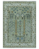 Moss Green Ivory Wool Area Rug - Hand Knotted Turkish Style