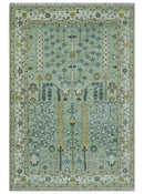 Moss Green Ivory Wool Area Rug - Hand Knotted Turkish Style