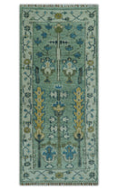 Moss Green Ivory Wool Area Rug - Hand Knotted Turkish Style