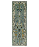 Moss Green Ivory Wool Area Rug - Hand Knotted Turkish Style