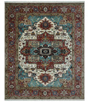 Ready to Ship Blue, Rust and Ivory 8x10 Hand knotted Traditional Wool Area Rug by The Rug Decor