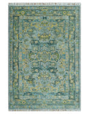Ready to Ship Green And Gold Traditional Heriz Hand Knotted 4x6 Wool Rug by The Rug Decor