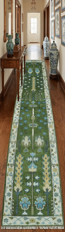 Ready to Ship Hand Knotted 2.6x12 Green and Ivory Tree of life Wool Area Rug by The Rug Decor