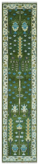 Ready to Ship Hand Knotted 2.6x12 Green and Ivory Tree of life Wool Area Rug by The Rug Decor