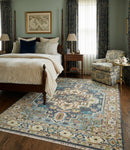 Ready to Ship Hand Knotted Antique Style Turkish Heriz Medallion Ivory and Blue Wool Rug