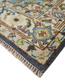 Ready to Ship Hand Knotted Antique Style Turkish Heriz Medallion Ivory and Blue Wool Rug by The Rug Decor