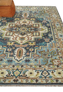 Ready to Ship Hand Knotted Antique Style Turkish Heriz Medallion Ivory and Blue Wool Rug by The Rug Decor