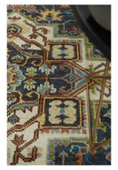 Ready to Ship Hand Knotted Antique Style Turkish Heriz Medallion Ivory and Blue Wool Rug by The Rug Decor