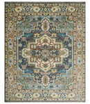 Ready to Ship Hand Knotted Antique Style Turkish Heriz Medallion Ivory and Blue Wool Rug by The Rug Decor