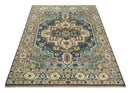 Ready to Ship Hand Knotted Antique Style Turkish Heriz Medallion Ivory and Blue Wool Rug by The Rug Decor