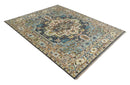Ready to Ship Hand Knotted Antique Style Turkish Heriz Medallion Ivory and Blue Wool Rug by The Rug Decor