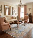 Ready to Ship Hand Knotted Blue and Rust Modern Oushak Area Rug