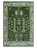 Ready to Ship Hand Knotted Green and Ivory Traditional Wool Area Rug