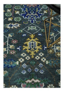 Ready to Ship Hand Knotted Green Moss and Blue Traditional Turkish Design Wool Rug