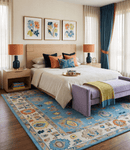 Blue and Ivory Oushak Hand-Tufted Wool Area Rug Modern Style