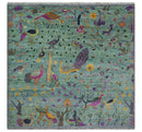Ready to Ship Jungle Life Peacock Bird 8x8 Square Green Wool Rug