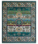 Ready to Ship Peach And Teal Traditional Hand Knotted 8x10 Wool Rug