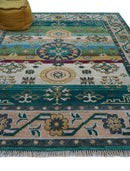 Ready to Ship Peach And Teal Traditional Hand Knotted 8x10 Wool Rug