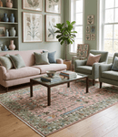 Pink Olive Beige Hand-Knotted Wool Rug - Traditional Vintage