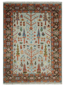 Ready to Ship Silver And Brown Tree of Life Hand Knotted 5x8 Wool Rug by The Rug Decor