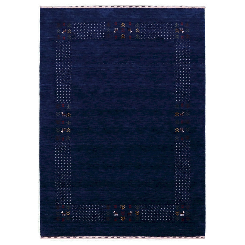 Solid Blue Border Patterns Hand Loomed Wool Area Rug