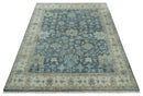 Ready to Ship Teal And Beige Hand Knotted 9X12 Oushak Wool Rug by The Rug Decor