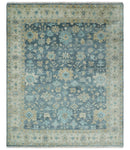 Ready to Ship Teal And Beige Hand Knotted 9X12 Oushak Wool Rug by The Rug Decor